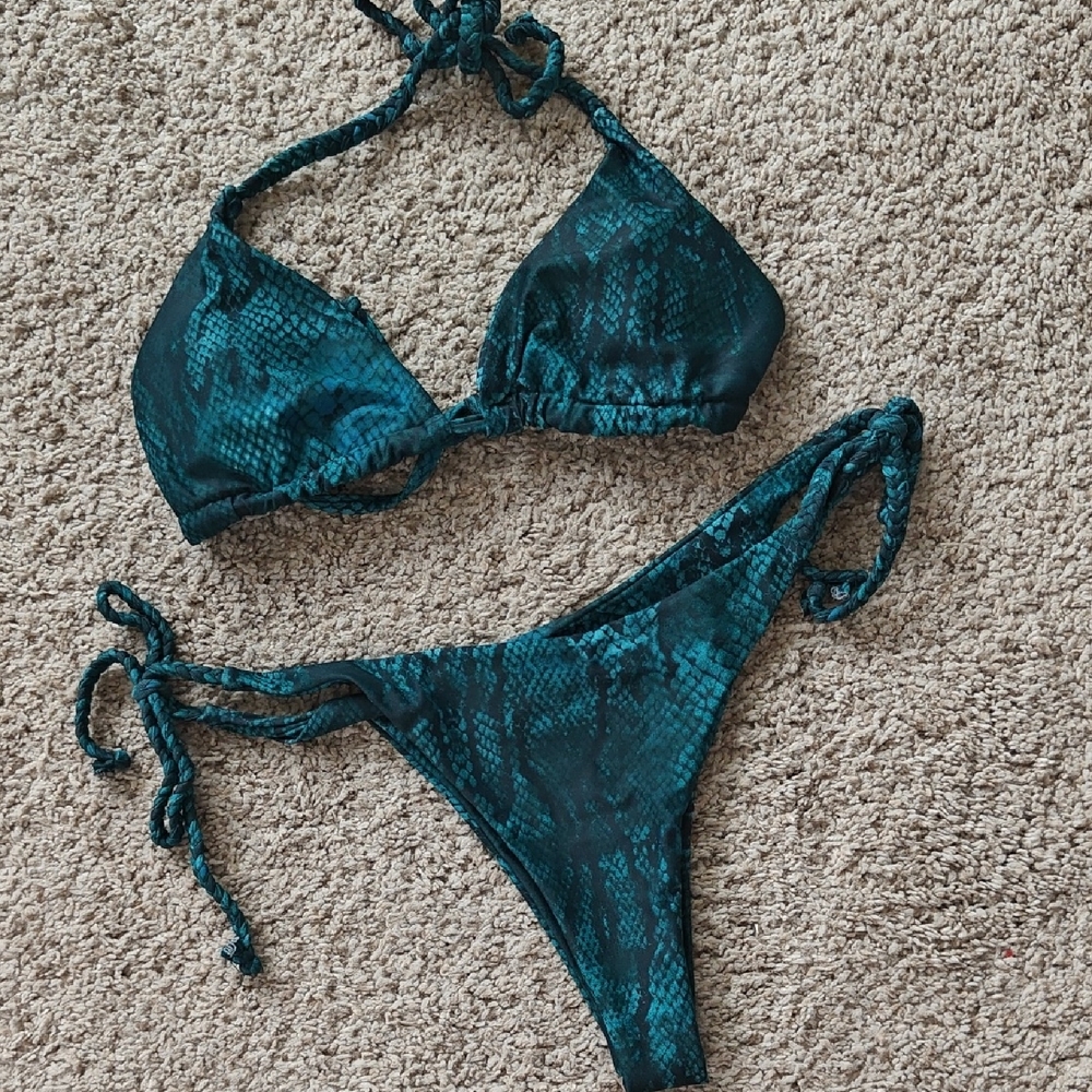 Zaful Teal Snake Print Triangle Bikini